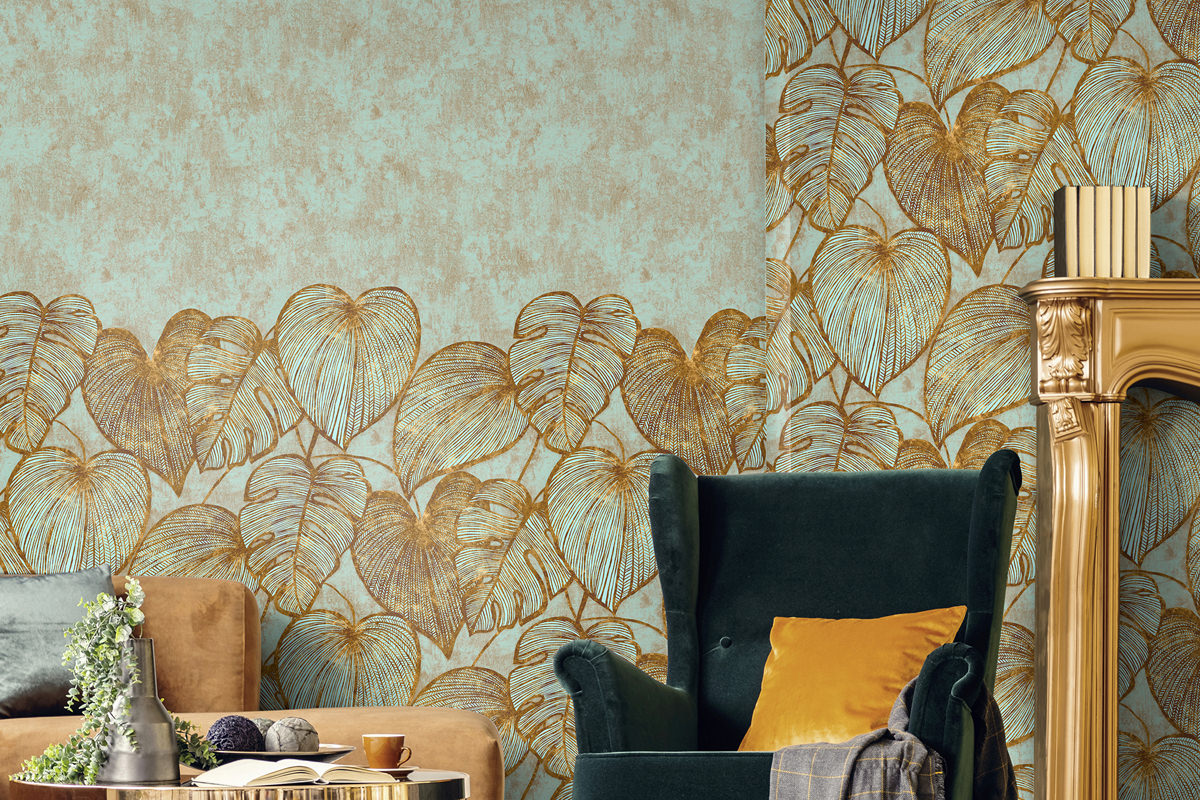 Hohenberger - designtapete-gold-teal-esszimmer-julie-feels-home-monstera-twinwall-26981-raum